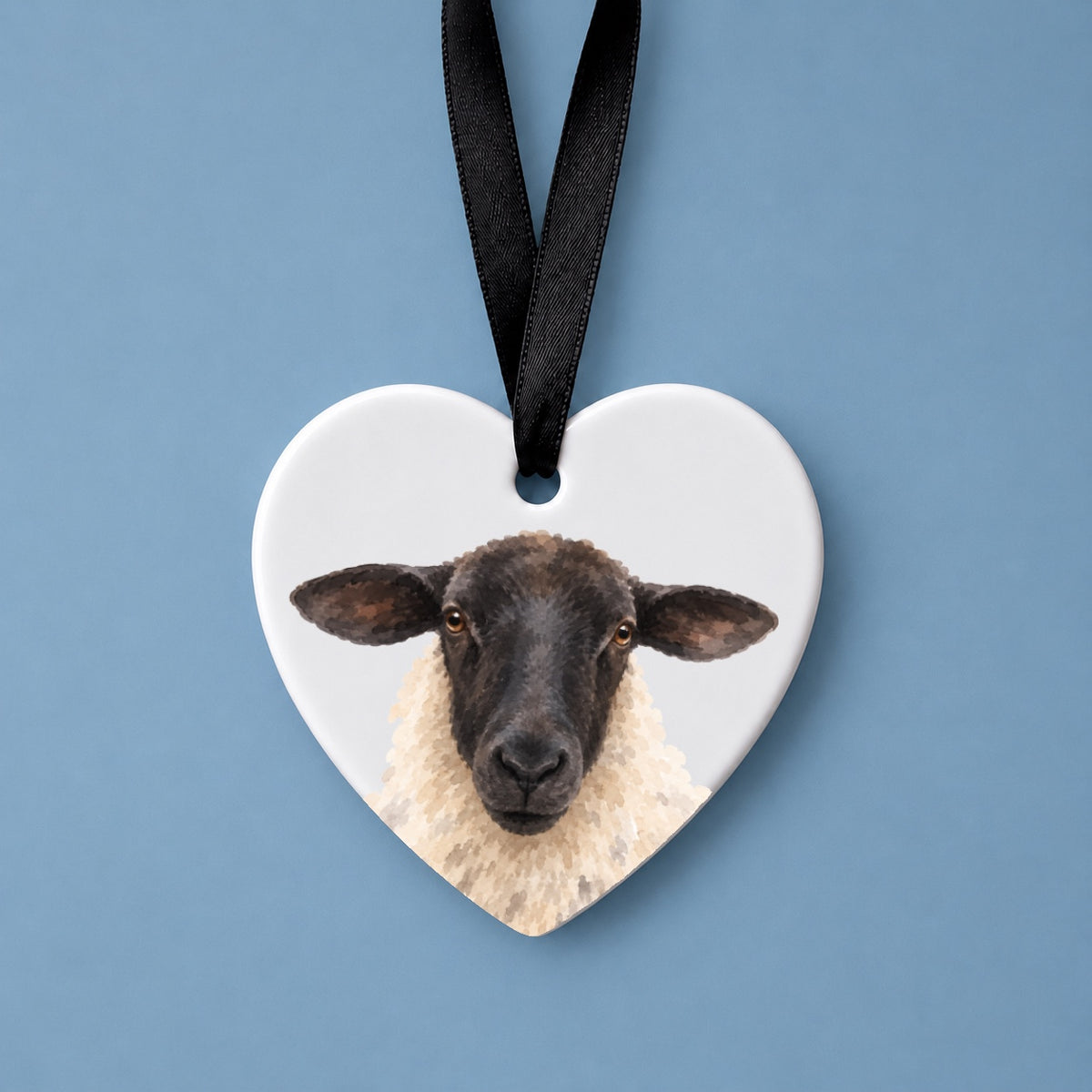 Suffolk Sheep Watercolour Ceramic Heart Ornament