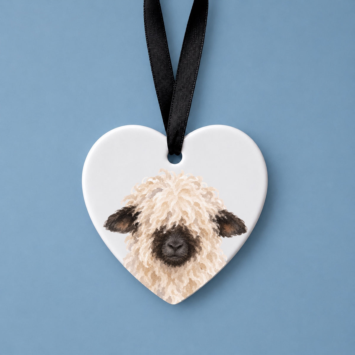 Valais Blacknose Sheep Watercolour Ceramic Heart Ornament