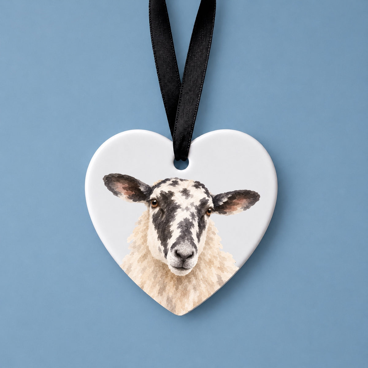 North of England Mule Sheep Watercolour Ceramic Heart Ornament