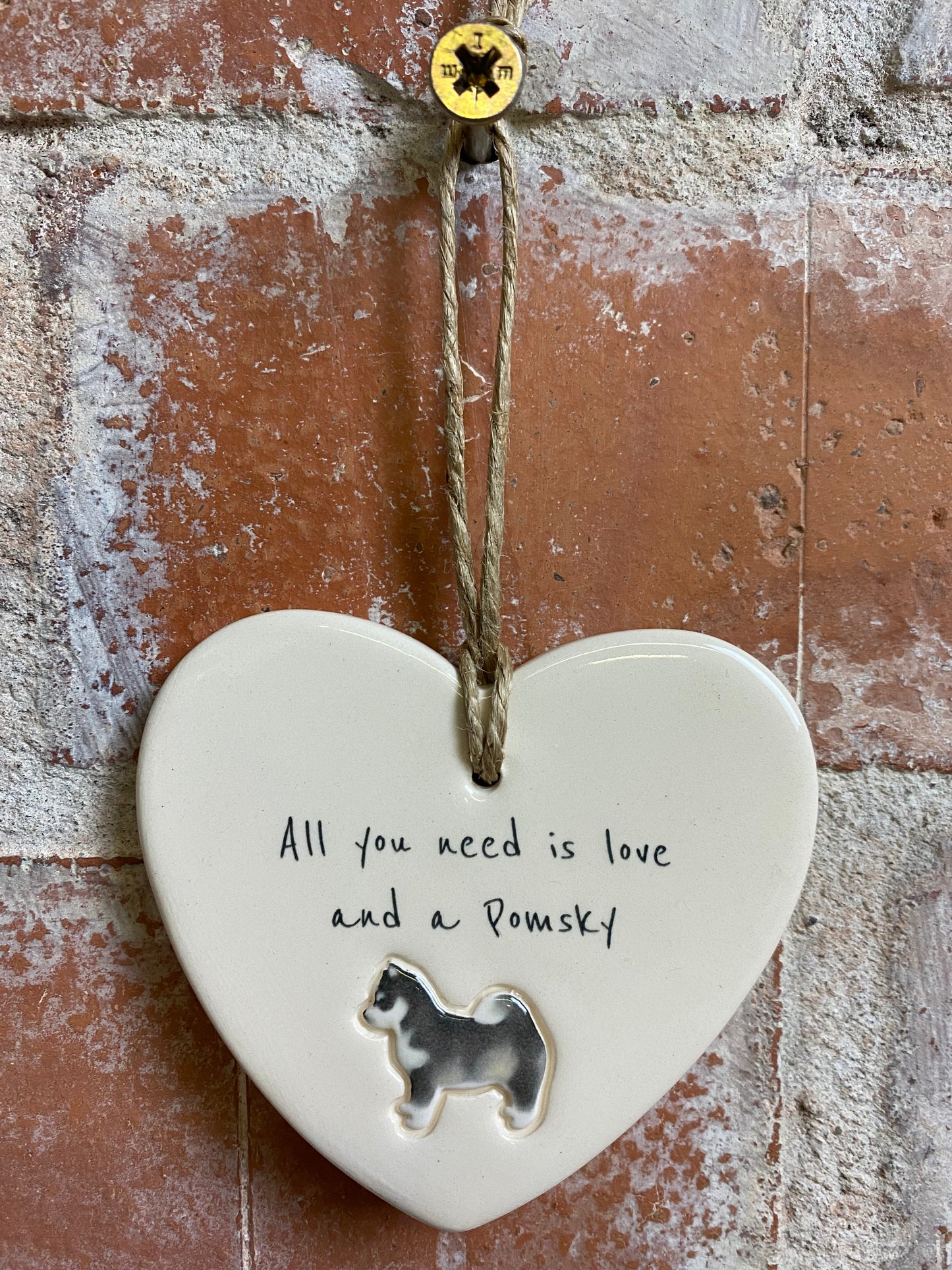 Pomsky Ceramic Heart Ornament