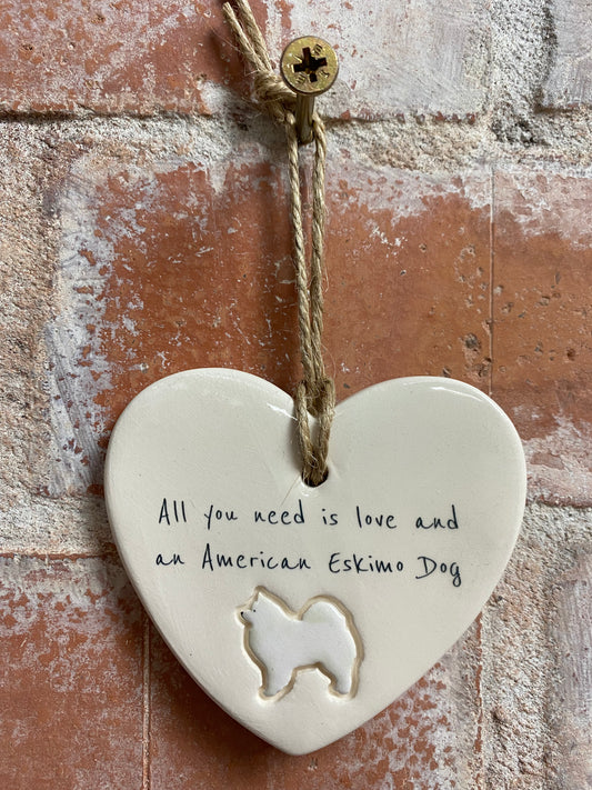 American Eskimo Dog Ceramic Heart Ornament