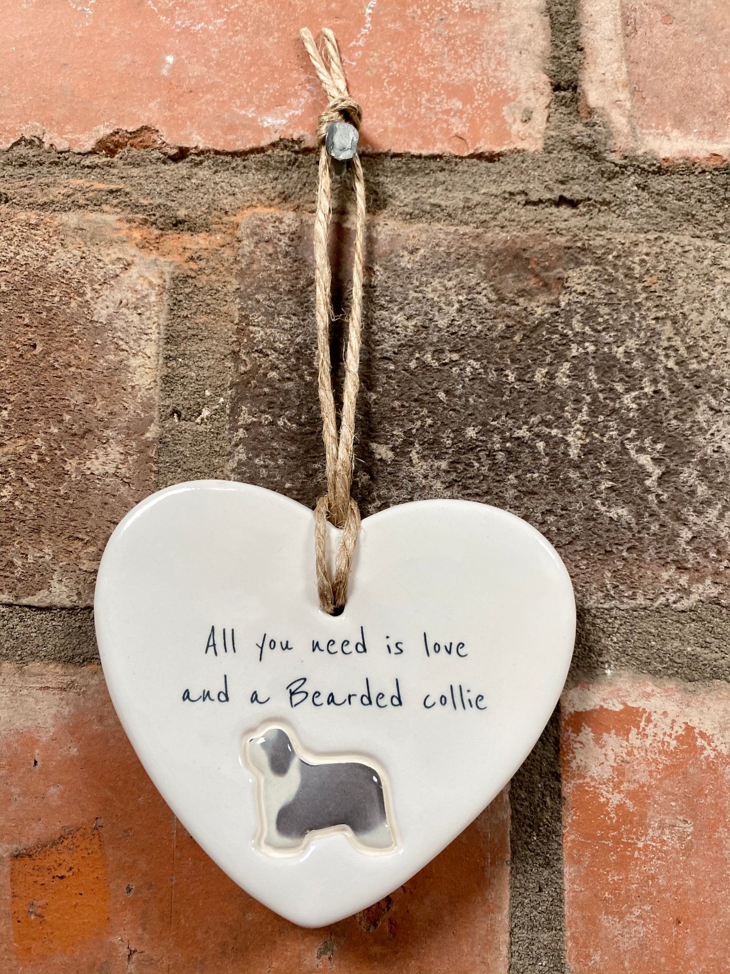 Bearded Collie Ceramic Heart Ornament