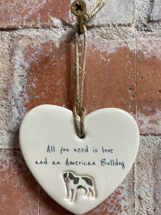American Bulldog Ceramic Heart Ornament