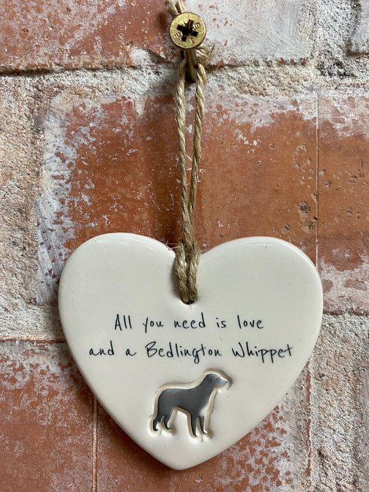 Bedlington Whippet Ceramic Heart Ornament