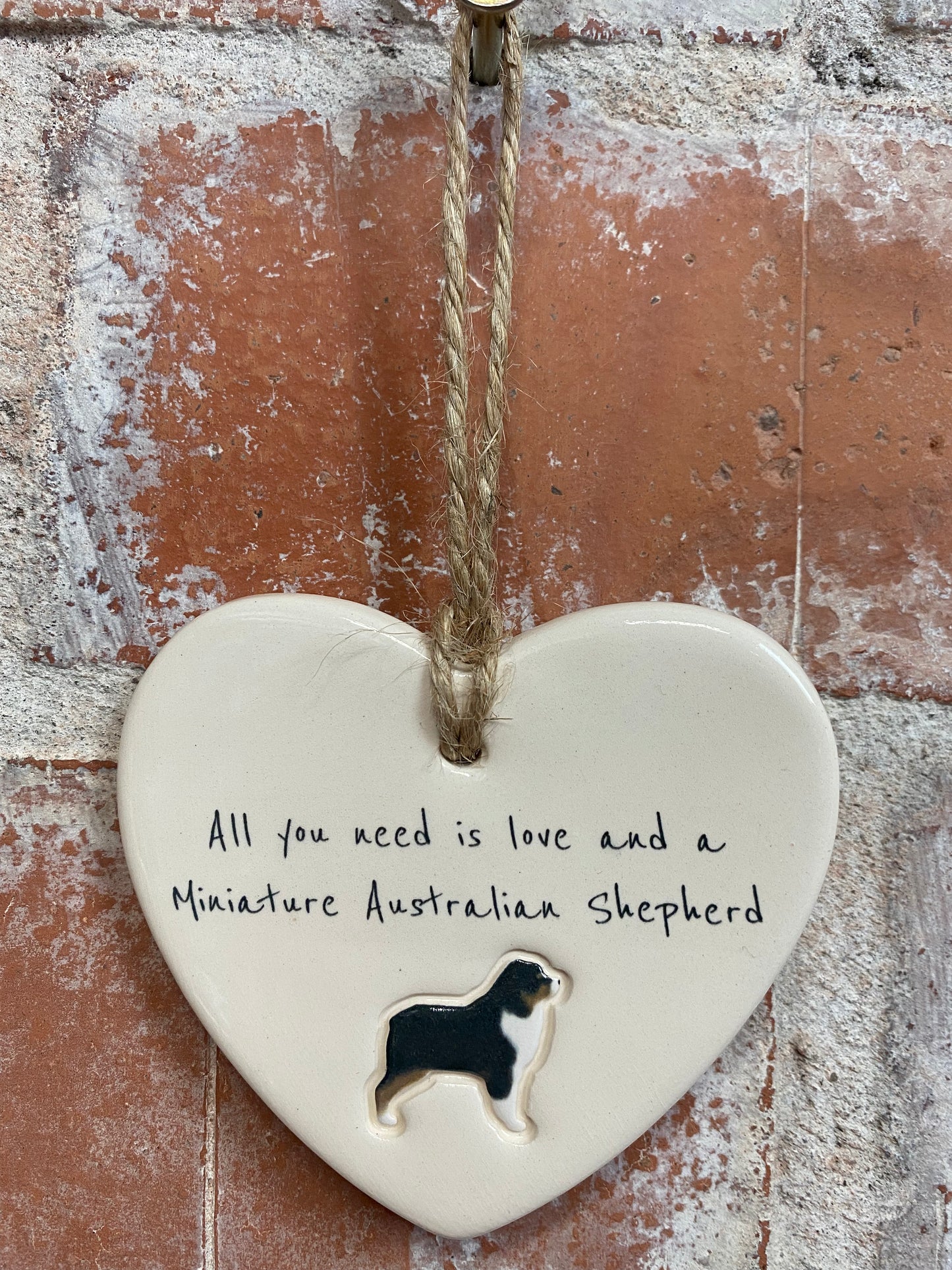 Miniature Australian Shepherd Ceramic Heart Ornament