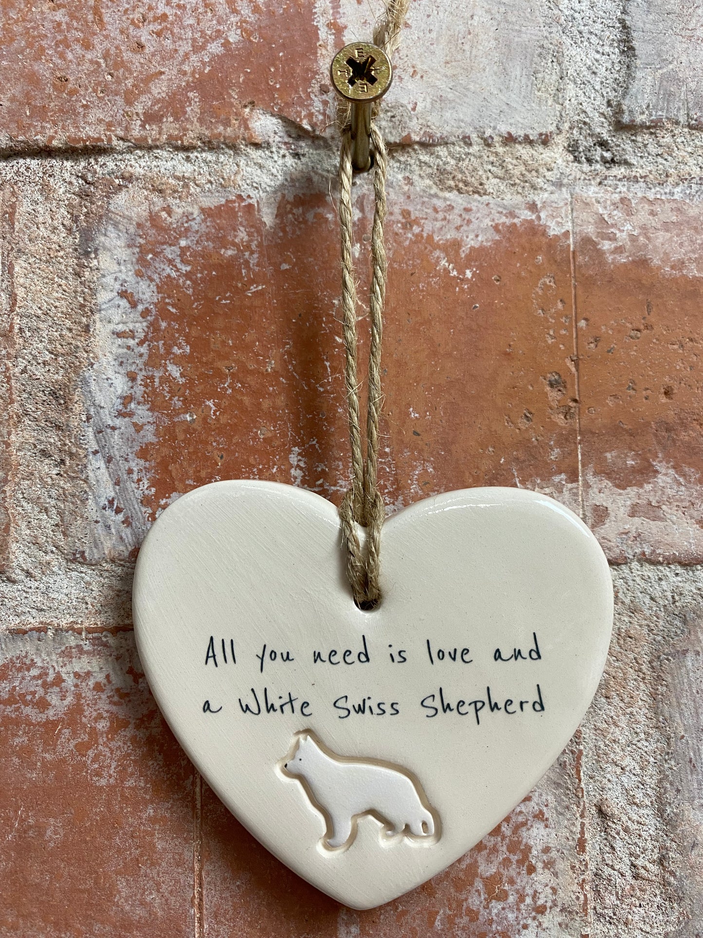 White Swiss Shepherd Ceramic Heart Ornament