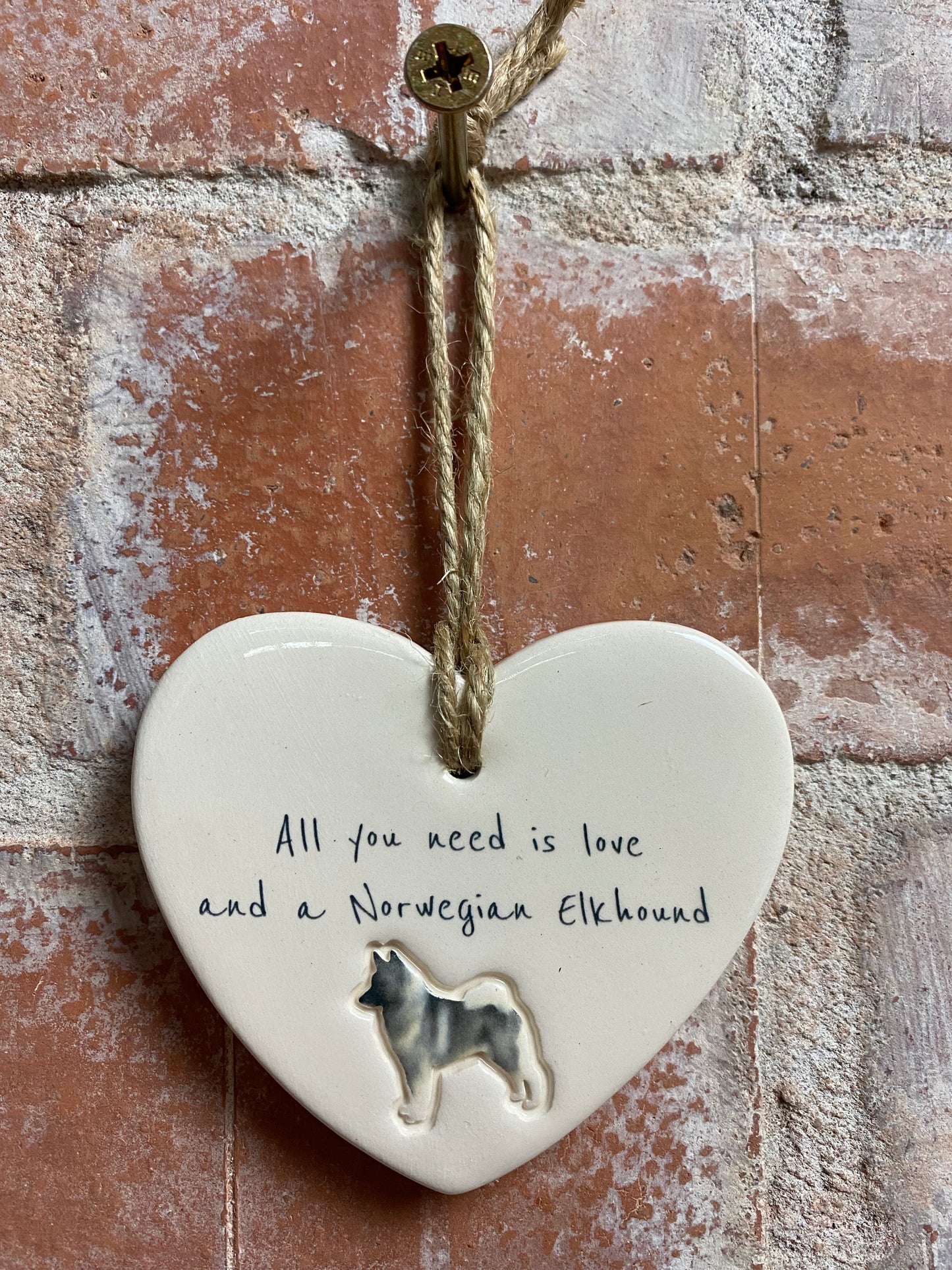 Norwegian Elkhound Ceramic Heart Ornament