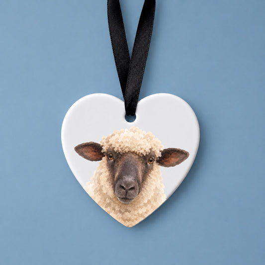 Shropshire Sheep Watercolour Ceramic Heart Ornament