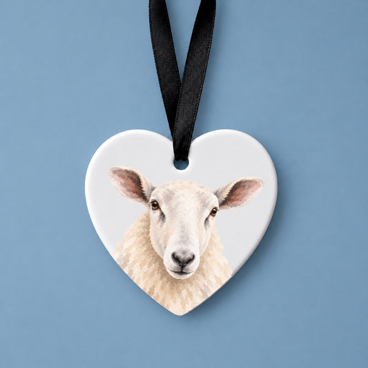 Welsh Mountain Sheep Watercolour Ceramic Heart Ornament