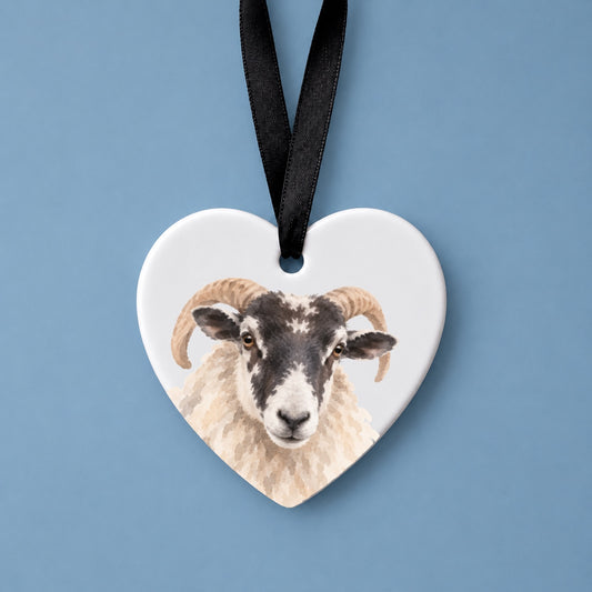 Scottish Blackface Sheep Watercolour Ceramic Heart Ornament