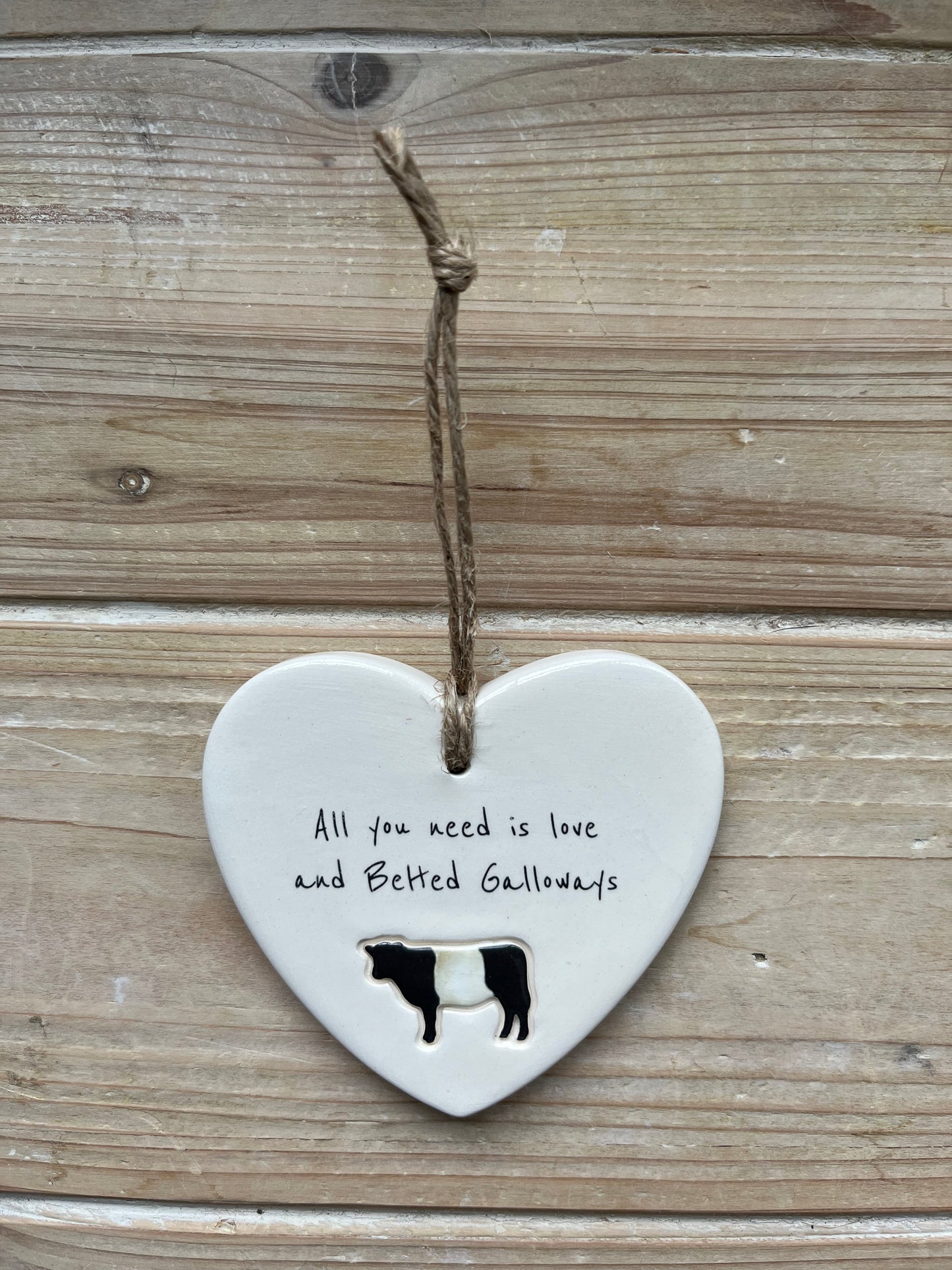 Belted Galloway Cow Ceramic Heart Ornament