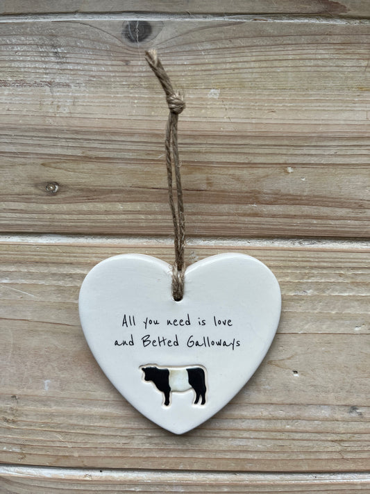 Belted Galloway Cow Ceramic Heart Ornament