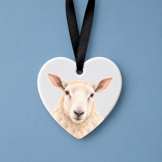 Cheviot Sheep Watercolour Ceramic Heart Ornament