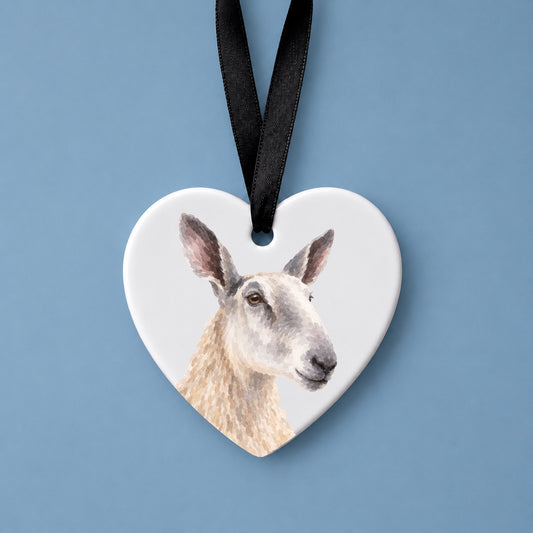 Bluefaced Leicester Sheep Watercolour Ceramic Heart Ornament