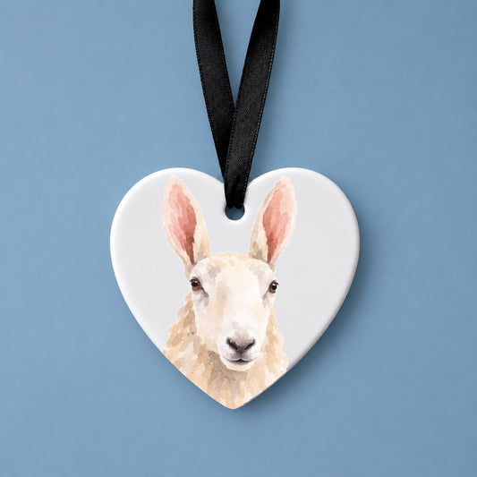 Border Leicester Sheep Watercolour Ceramic Heart Ornament