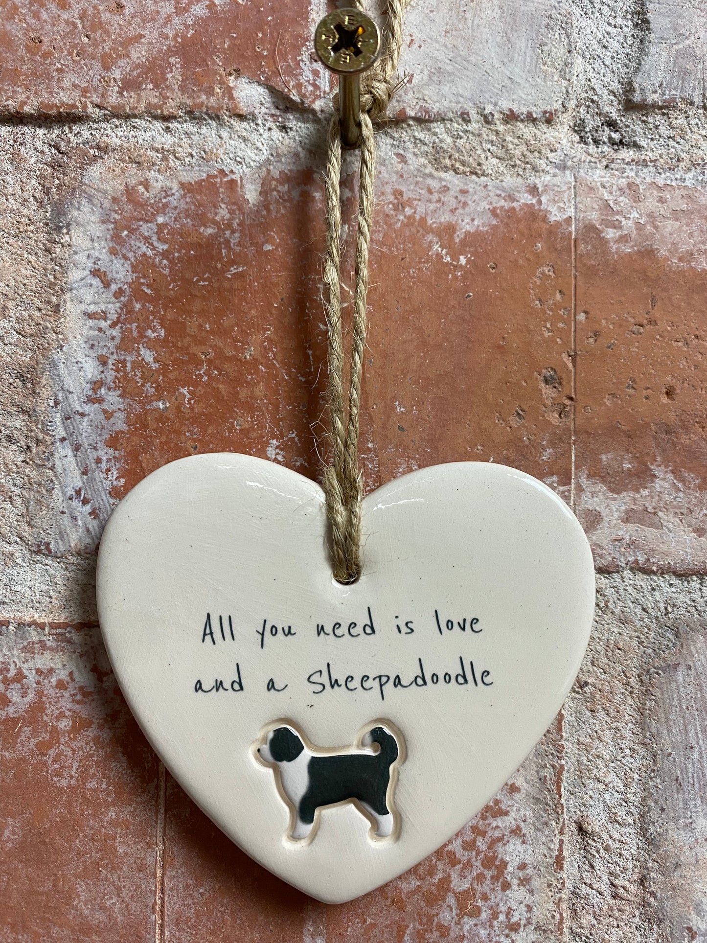 Sheepadoodle ceramic heart