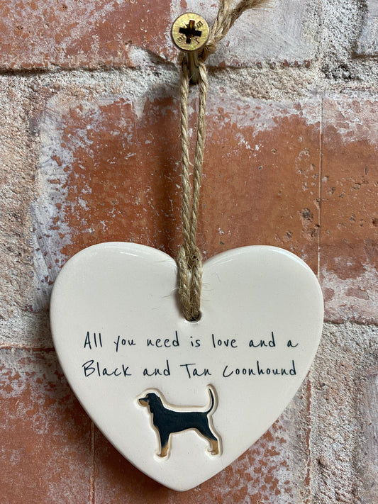 Black and Tan Coonhound ceramic heart