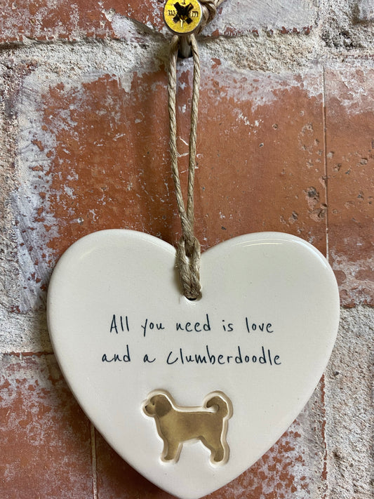 Clumberdoodle ceramic heart