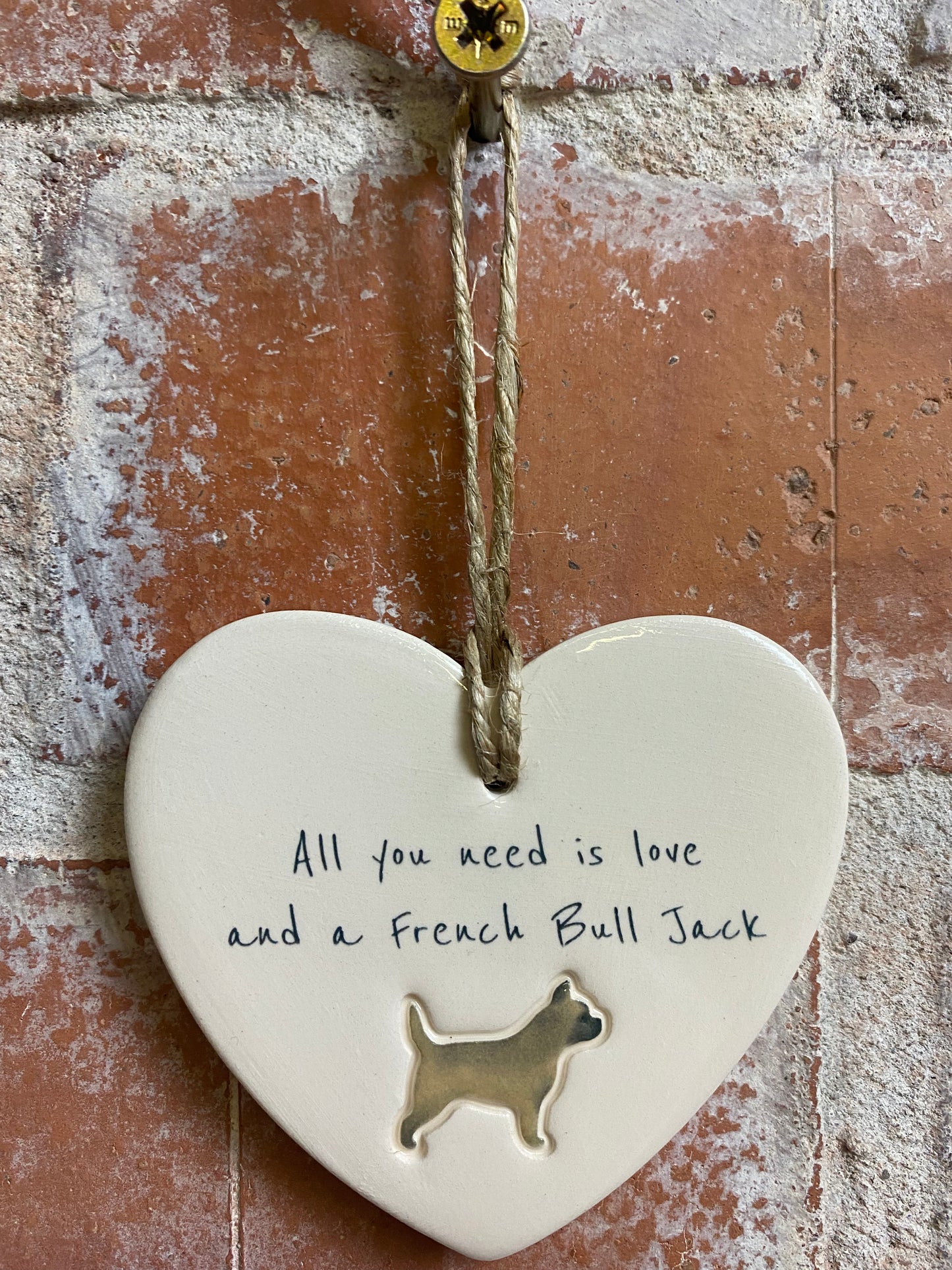 French Bull Jack ceramic heart