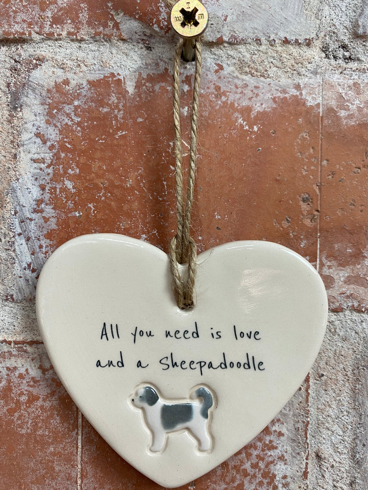 Sheepadoodle ceramic heart